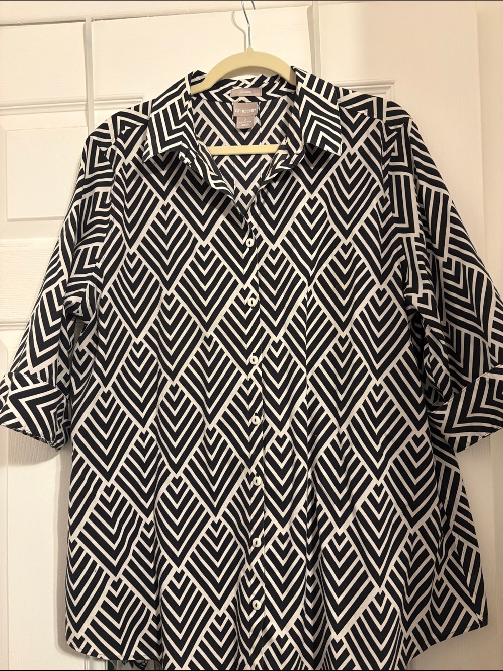 Chico's Black and White Geometric Button-Down Shirt